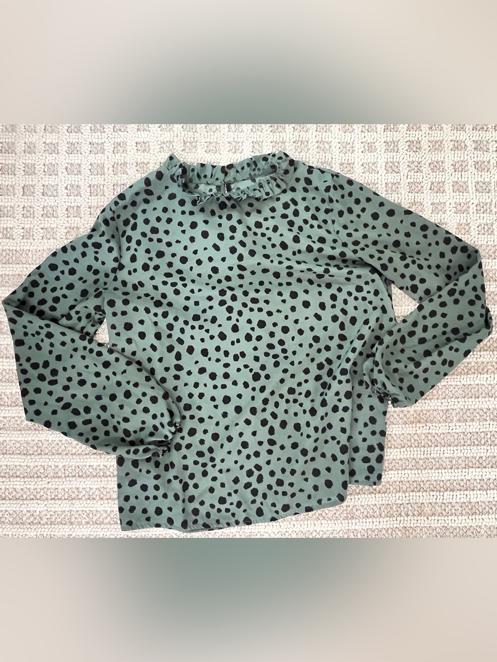 Green Polka Dot SHEIN Ruffle Neck Blouse size 6 long sleeved